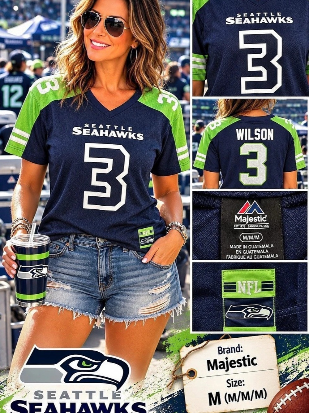 Majestic Seattle Seahawks Russell Wilson #3 NFL Replica Jersey Blue & Green